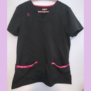 M black scrub top with pink ribbon
